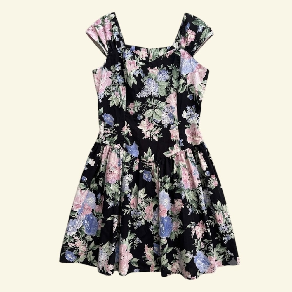 Vintage Handmade Floral Cap Sleeve Fit & Flare Dress Black Pink Blue Square Neck